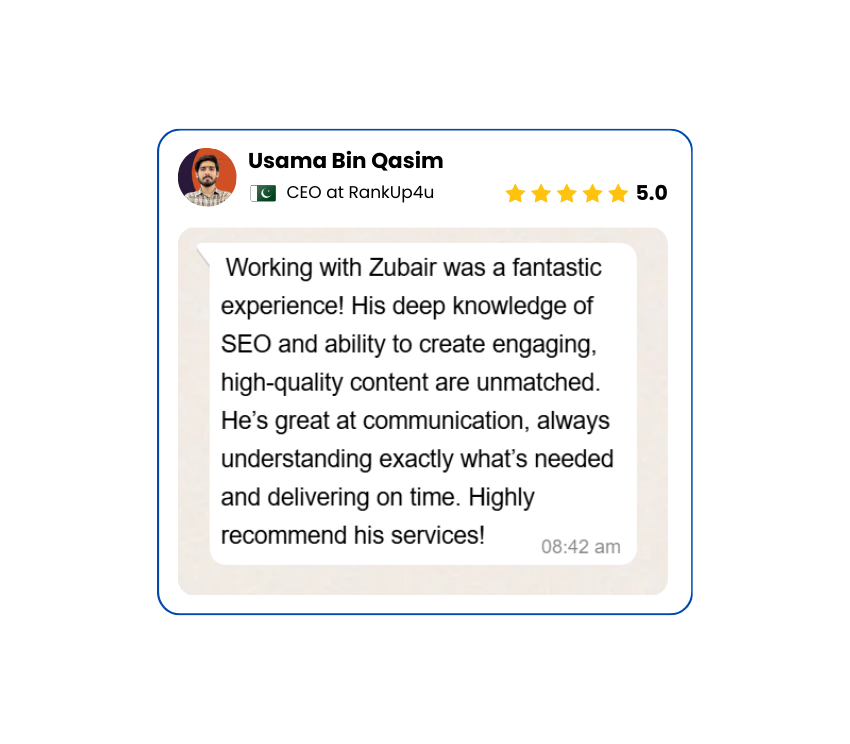 Client review with a 5-star rating for Elevrank's SEO and Content Writing